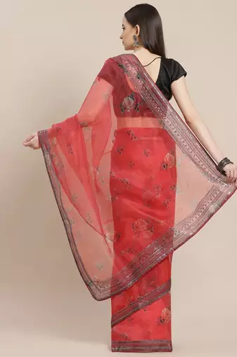 Red red & green floral printed organza saree