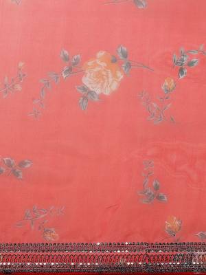 Red red & green floral printed organza saree 4