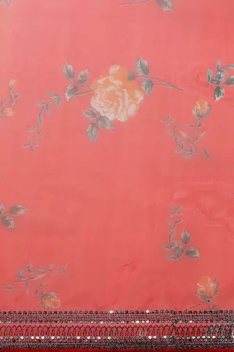 Red red & green floral printed organza saree