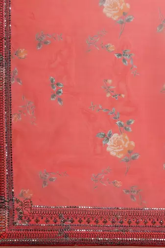 Red red & green floral printed organza saree