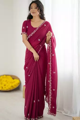 Maroon embellished embroidered  georgette designer saree