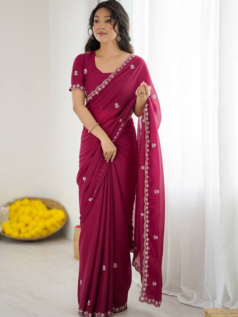 Maroon embellished embroidered  georgette designer saree
