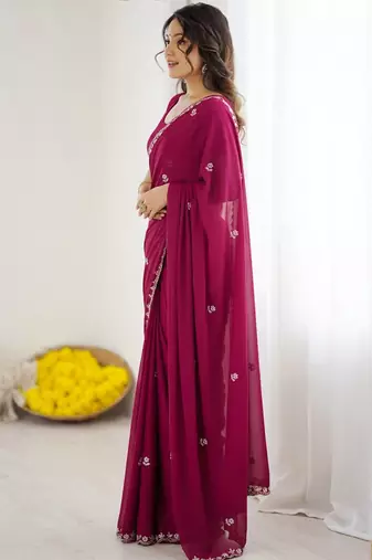 Maroon embellished embroidered  georgette designer saree