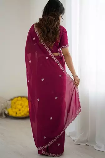 Maroon embellished embroidered  georgette designer saree
