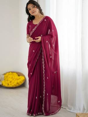 Maroon embellished embroidered  georgette designer saree 4