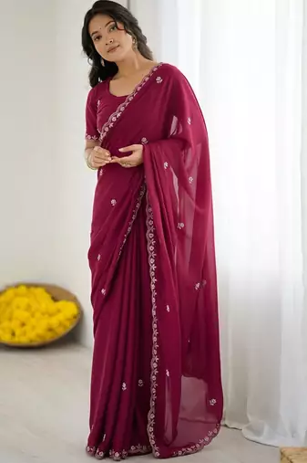 Maroon embellished embroidered  georgette designer saree
