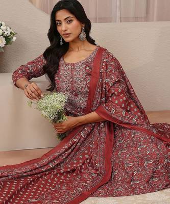 libas maroon floral printed straight suit set 2