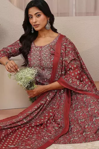 libas maroon floral printed straight suit set