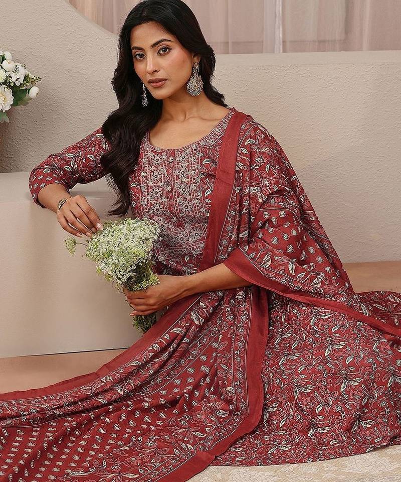 libas maroon floral printed straight suit set