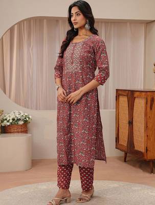 libas maroon floral printed straight suit set 3