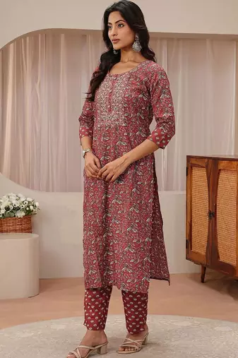 libas maroon floral printed straight suit set