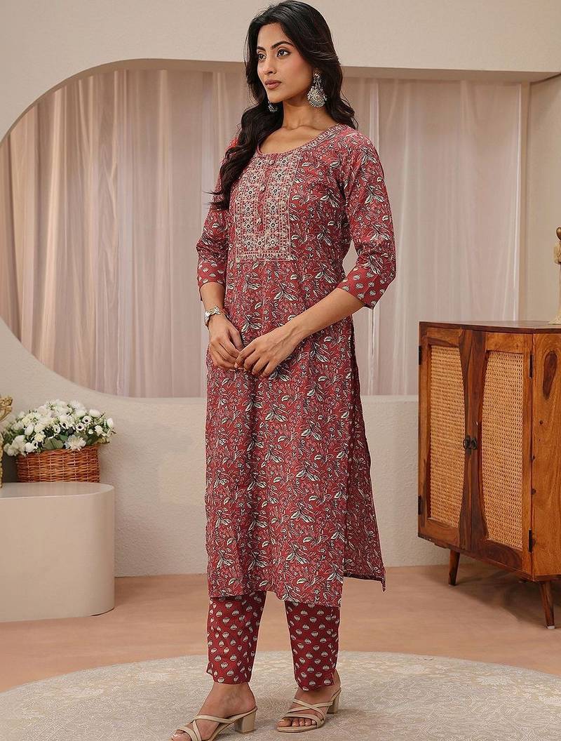 libas maroon floral printed straight suit set
