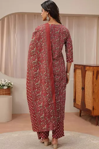 libas maroon floral printed straight suit set