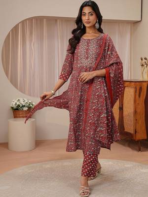 libas maroon floral printed straight suit set 1