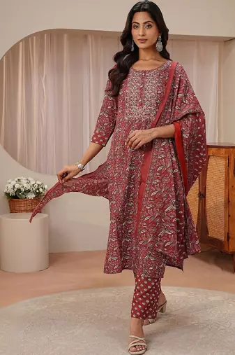 libas maroon floral printed straight suit set
