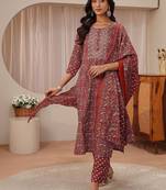 libas maroon floral printed straight suit set