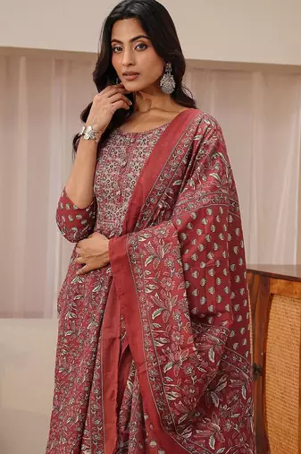 libas maroon floral printed straight suit set