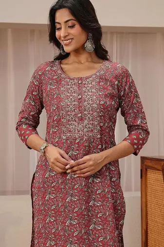 libas maroon floral printed straight suit set