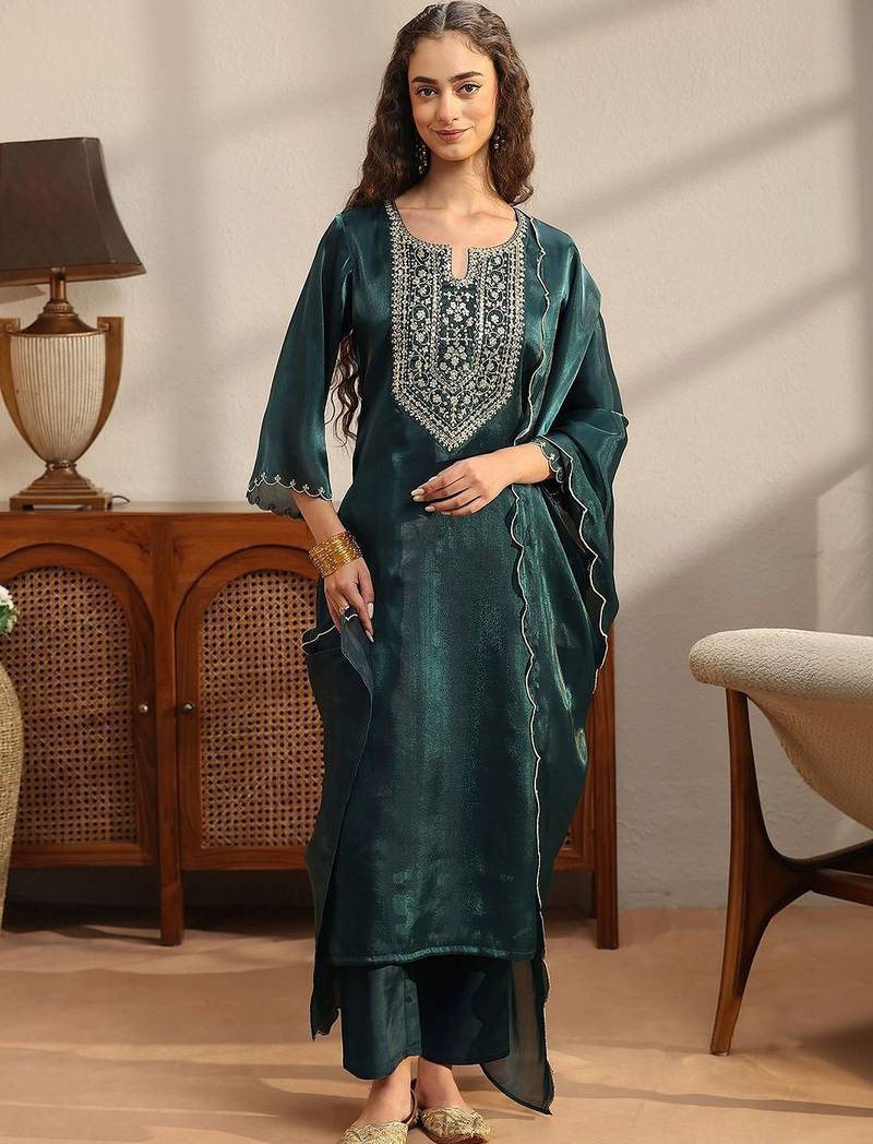 women ethnic motifs embroidered regular kurta with palazzos & with dupatta
