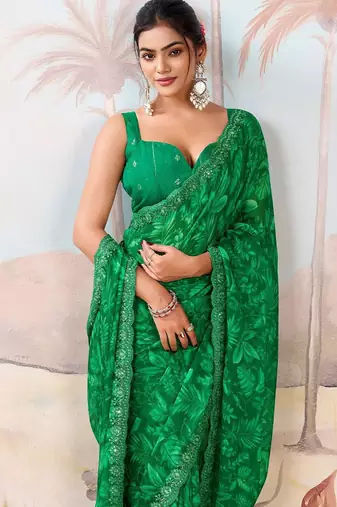 Green floral sequinned  chiffon designer saree