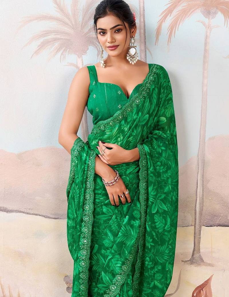 Green floral sequinned  chiffon designer saree