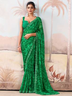 Green floral sequinned  chiffon designer saree 2