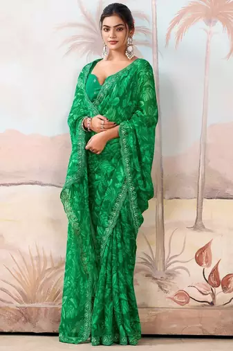 Green floral sequinned  chiffon designer saree