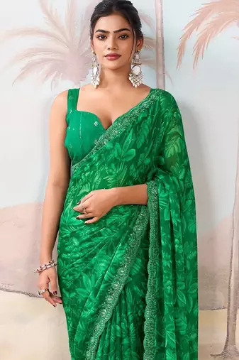 Green floral sequinned  chiffon designer saree