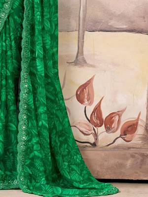 Green floral sequinned  chiffon designer saree 5