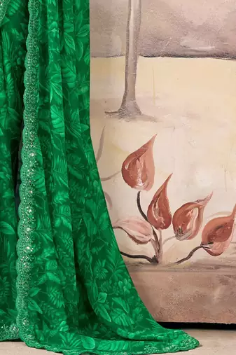 Green floral sequinned  chiffon designer saree