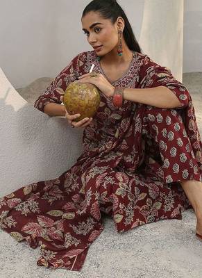 libas maroon floral printed cotton blend straight suit set with dupatta 1