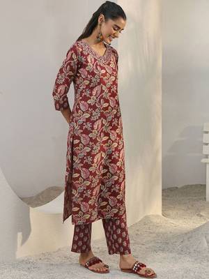 libas maroon floral printed cotton blend straight suit set with dupatta 2