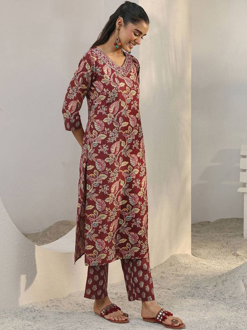 libas maroon floral printed cotton blend straight suit set with dupatta