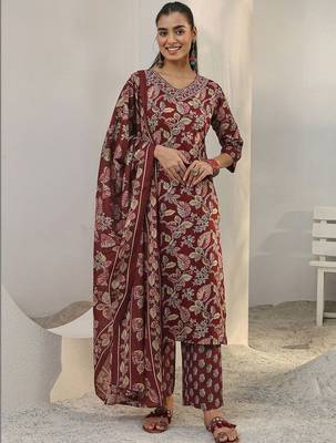 libas maroon floral printed cotton blend straight suit set with dupatta 4