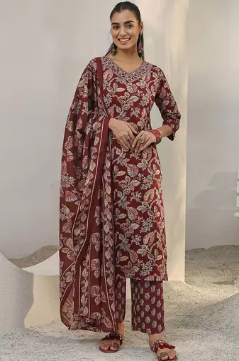 libas maroon floral printed cotton blend straight suit set with dupatta
