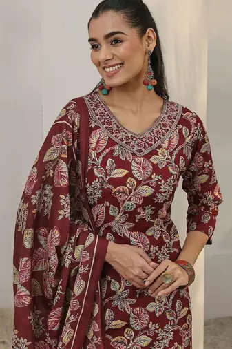 libas maroon floral printed cotton blend straight suit set with dupatta