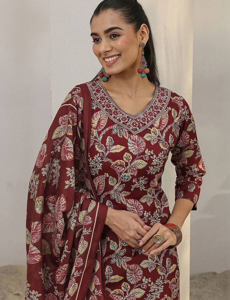 libas maroon floral printed cotton blend straight suit set with dupatta