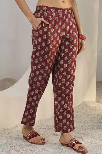 libas maroon floral printed cotton blend straight suit set with dupatta