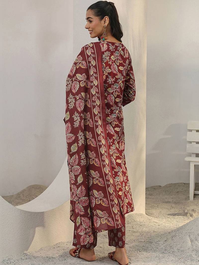 libas maroon floral printed cotton blend straight suit set with dupatta