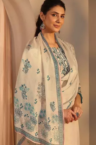 off white floral printed crepe straight suit set with dupatta
