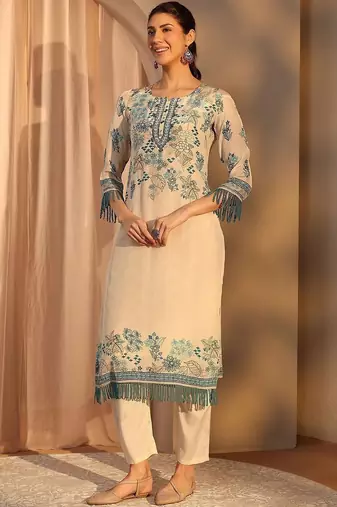 off white floral printed crepe straight suit set with dupatta