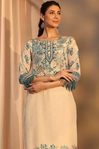 off white floral printed crepe straight suit set with dupatta