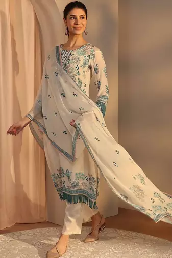 off white floral printed crepe straight suit set with dupatta
