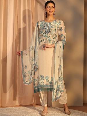 off white floral printed crepe straight suit set with dupatta 1