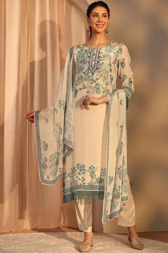 off white floral printed crepe straight suit set with dupatta