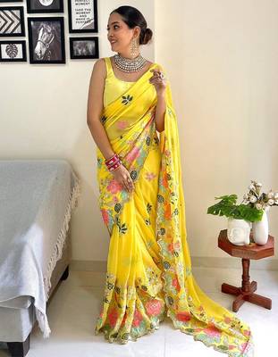 Yellow embellished sequinned  georgette saree 1