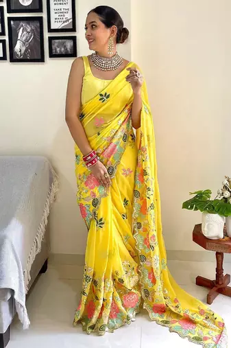 Yellow embellished sequinned  georgette saree
