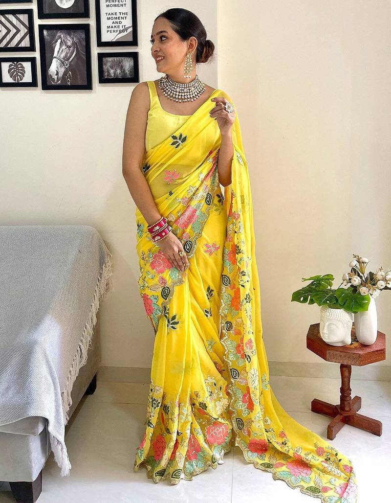 Yellow embellished sequinned  georgette saree