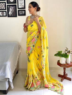 Yellow embellished sequinned  georgette saree 2