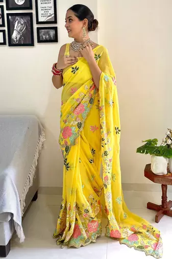 Yellow embellished sequinned  georgette saree